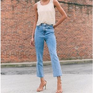 Express Super High Waisted Raw Hem Mom Jeans